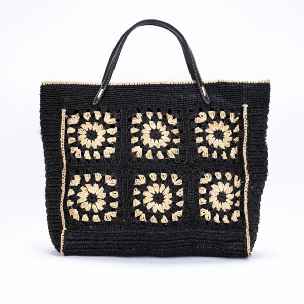 sac en raphia noir et lanières de cuir noir à motifs beige