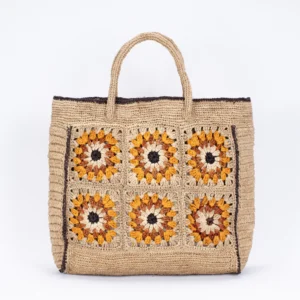 Sac en raphia beige à motifs colorés avec des anses beiges