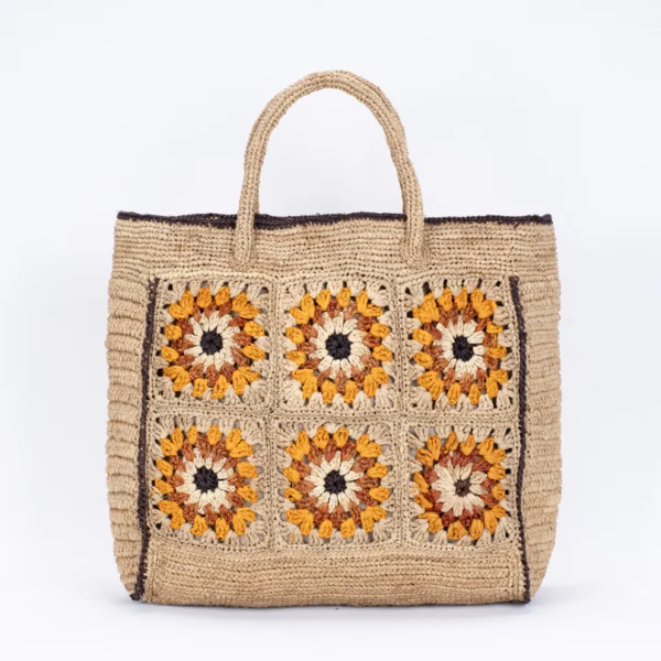 Sac en raphia beige à motifs colorés avec des anses beiges