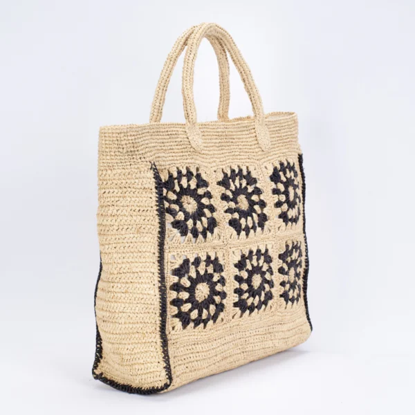 Sac en raphia beige clair à motifs noir avec des anses beige