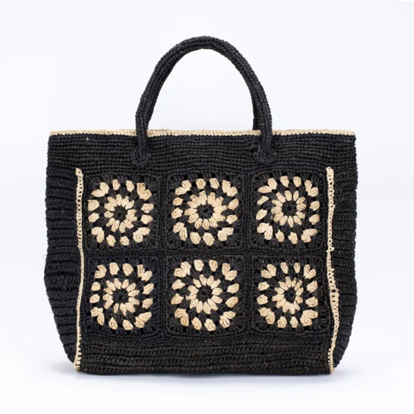 Sac en raphia noir et beige clair avec des anses noires