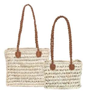 2 Sacs en raphia beige avec des lanières en cuir marron