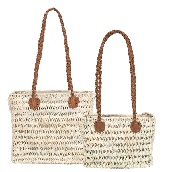 2 Sacs en raphia beige avec des lanières en cuir marron