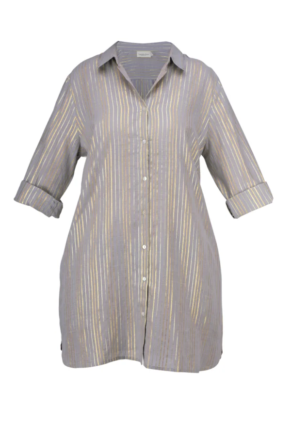 Robe chemise à rayure doré, jaune sur fond beige