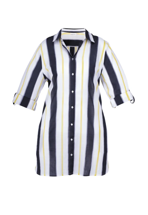 Robe chemise à motif noir et jaune sur fond blanc