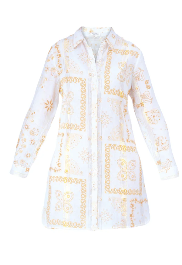 Robe chemise à motif jaune orangé sur fond blanc