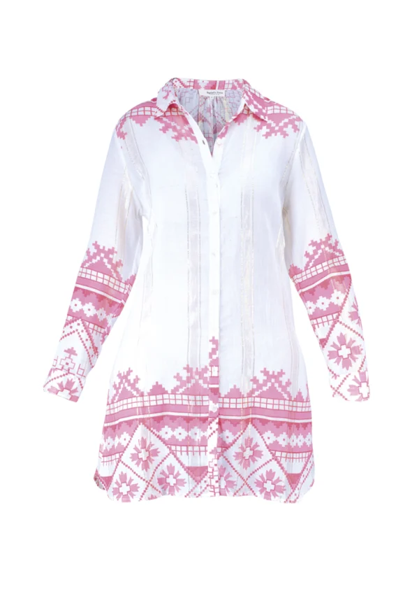 Robe chemise à motif rose sur fond blanc