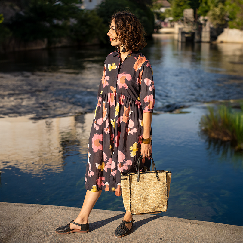 Sac en raphia bohème beige et bord noir Bagatelle France