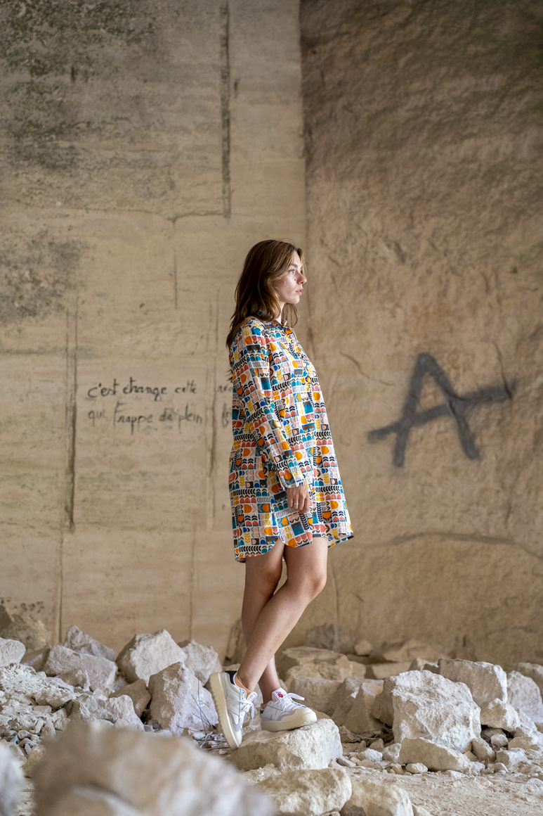 Robe chemise femme imprimée bohème à motifs graphiques, Bagatelle France