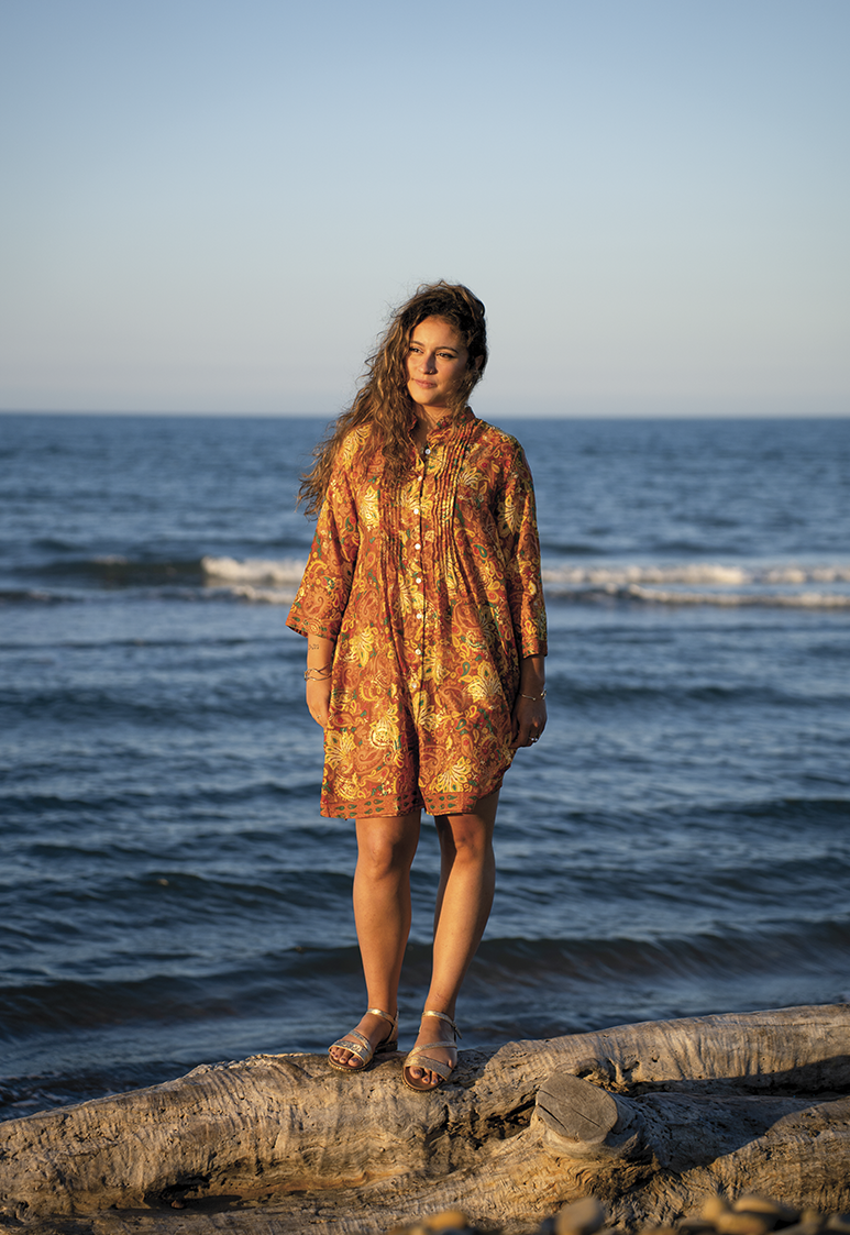 Robe chemise femme imprimée bohème à motifs graphiques, coupe midi fluide, manche longue, Bagatelle France