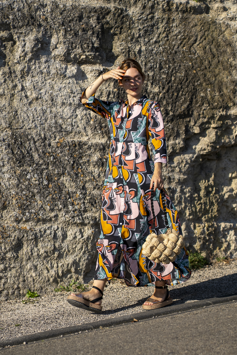 Robe chemise femme imprimée à motifs graphiques, coupe midi fluide, Bagatelle France