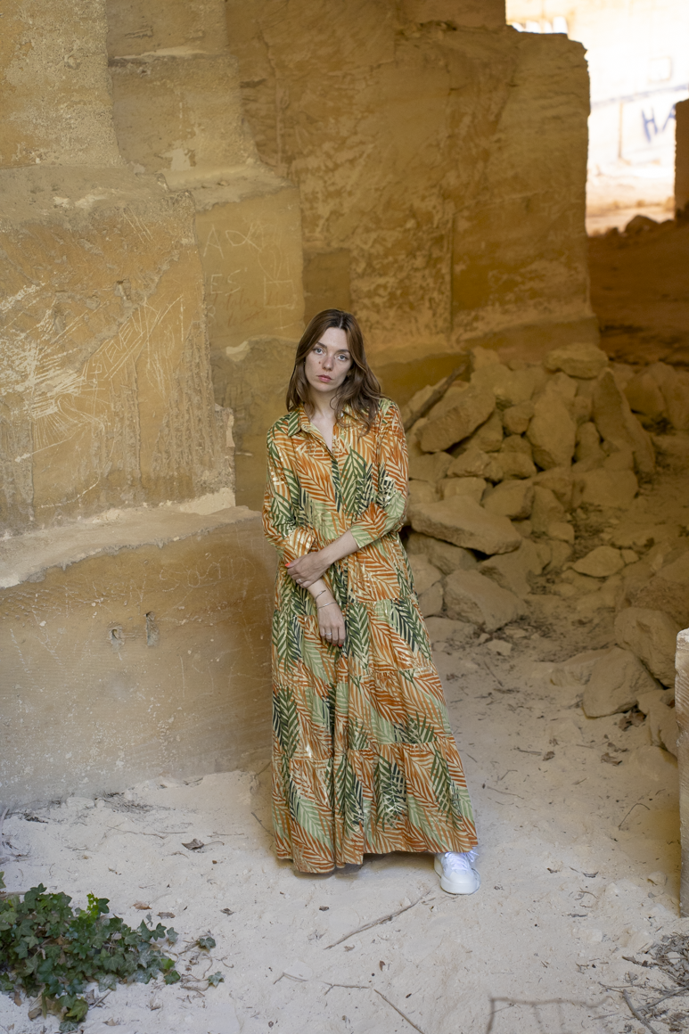 Robe à imprimé floral, orange verte et vert clair collection Bagatelle France