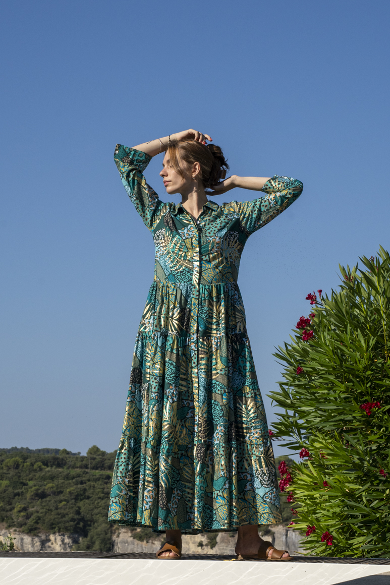 Robe chemise femme imprimée bohème, col chemise et boutons, Bagatelle France