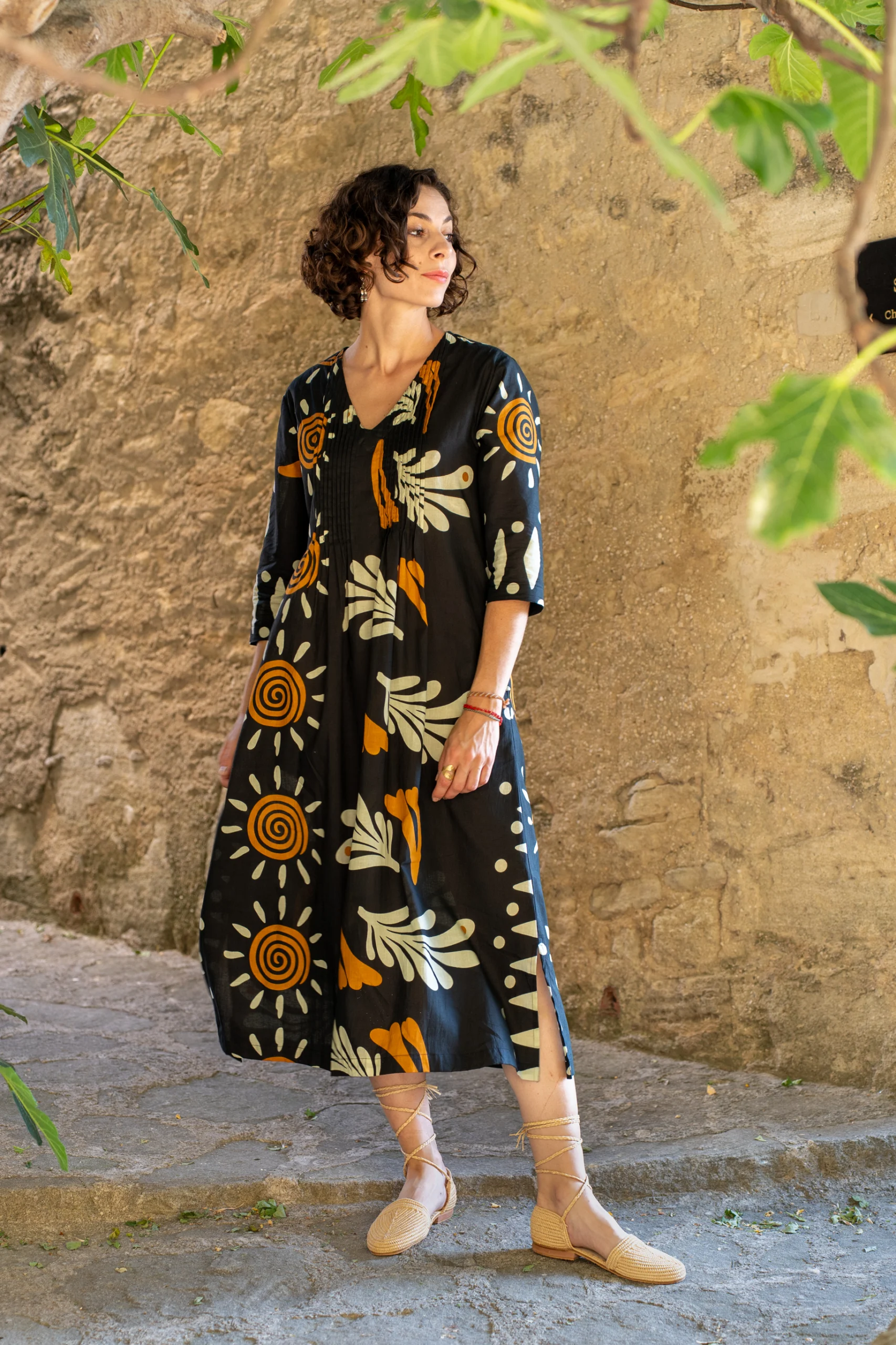 Robe femme imprimée bohème, coupe midi fluide, Bagatelle France