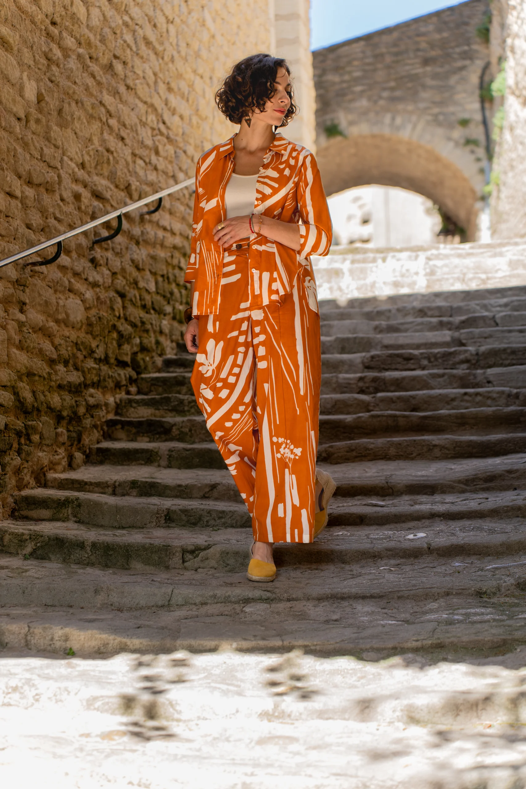 Chemise femme imprimée bohème orange et beige Bagatelle France